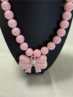 Pink Beaded Ball Necklace Bow Charm Pendant Clear Emerald Crystal, 18in